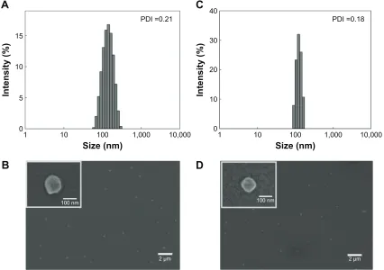 Figure 4 Particle size distribution and Fe-seM imaging of PIc (c/a ratio: 8) (A and B) and dox-loaded PIc (c/a ratio: 8) (C and D).Abbreviations: PIC, polyelectrolyte ionomer complex; C/A ratio, ratio of cationic PEI and anionic P(Asp) block; P(Asp), poly(aspartic acid); dox, doxorubicin; FE-SEM, field emission scanning electron microscopy; PDI, polydispersity index.
