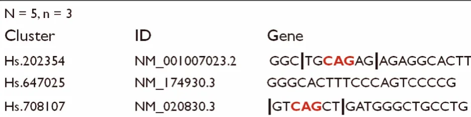 Figure 1 Illustration of a duplicate string concept. This example explains how one finds duplicate strings in a transcriptome consisting of 3genes containing duplicate strings of length N = 5.