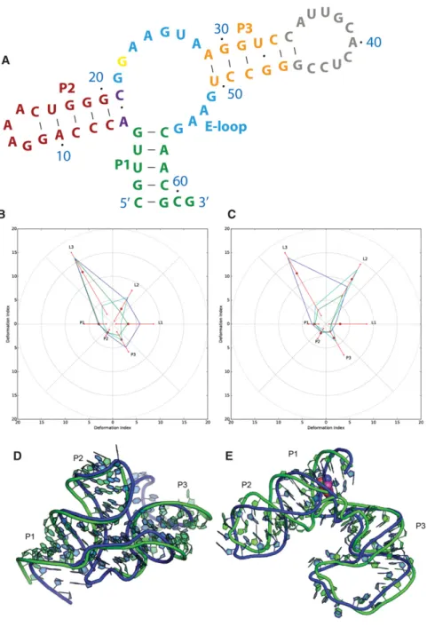 FIGURE 5. Puzzle 14: L-glutamine riboswitch. (A) Secondary structure and (B) module-based deformation profile values, measured from free state structure, for the three predicted models from different groups with lowest RMSD: Das post-experiment model 2 (gr