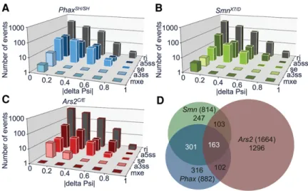 FIGURE 4. Alternative-splicing differences among snRNP biogenesis mutants. Distribution of significant alternative-splicing changes from small |delta Psi| near zero to large |delta Psi| near one: (A) Phax SH/SH mutants relative to WT; (B) Smn X7/D mutants 