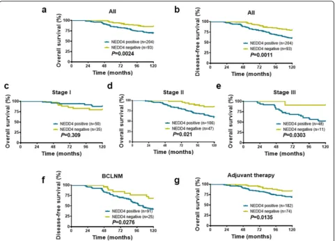 Fig. 4 Prognostic impact of NEDD4 in BC. a, b The Kaplan–Meier analysis indicates that higher NEDD4 expression is correlated with poor OS (log-rank test, P = 0.0024) and DFS (log-rank test, P = 0.0011)