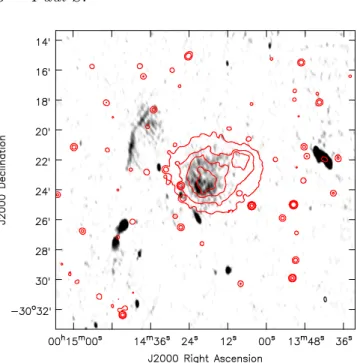 Figure 2. GMRT 235 MHz high resolution radio map of Abell 2744 in gray colour. Rms of the image is 280 µJy beam −1 with a beam of 19.94 00 × 9.56 00 PA=4.8 ◦ 