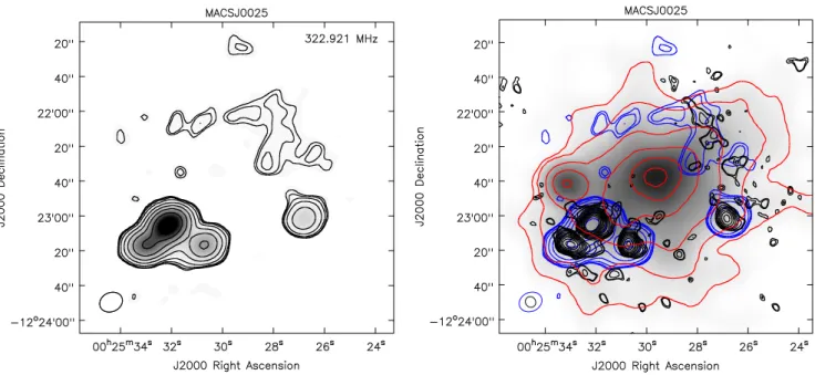 Figure 6. Panel 1: 235 MHz map for the cluster MACSJ0025.4-1222 with colour scale and controus at 3, 3.5, 4, 6, 12, 24, 48, 96 times the 1σ rms