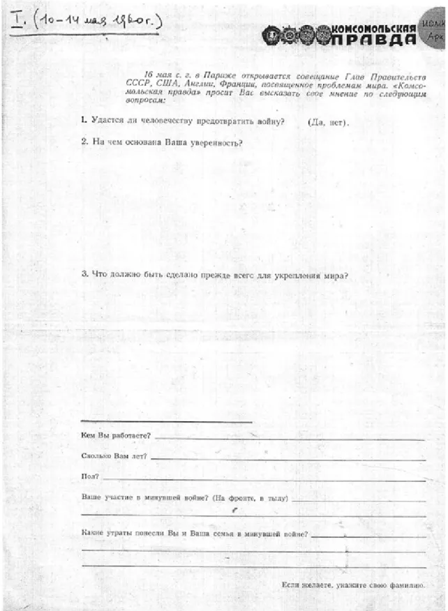 Illustration 6: Questionnaire Used During Grushin's Survey, May 10 to May 14, 1960.