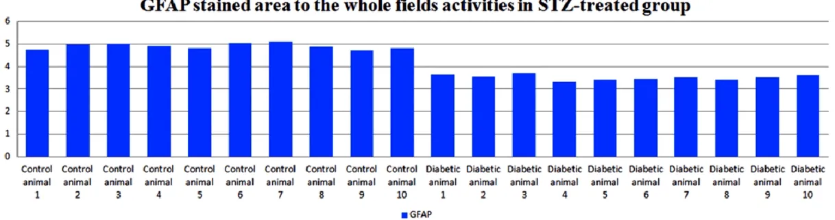 Figure 11. Calculating the proportion (% pixels) of GFAP stained area to the whole field activities in l STZ-induced diabetic animals.