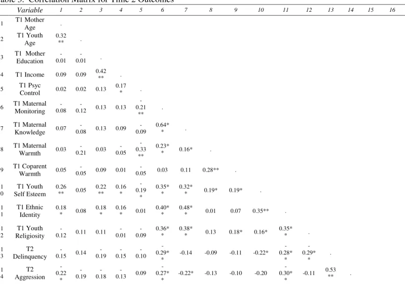 Table 3.  Correlation Matrix for Time 2 Outcomes  Variable  1  2  3  4  5  6  7  8  9  10  11  12  13  14  15  16  17  18  19  20  1  T1 Mother  Age  
