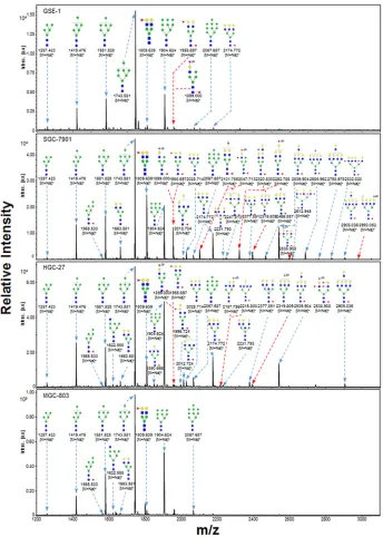 Figure 3: MALDI-TOF/TOF-MS spectra of total N-glycans in the four cell lines. N-glycans were characterized in the four cell lines (GES-1, SGC-7901, HGC-27, and MGC-803) by MALDI-TOF/TOF-MS as described in M&M