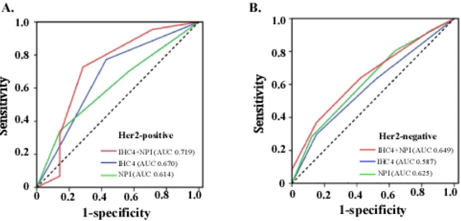 Figure 1: A. Comparison of predictive value between NPI+IHC4 scoring system and other predictors in the Study set