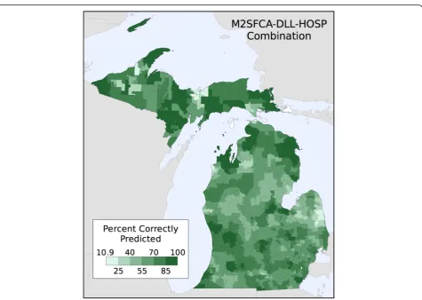 Fig. 4 Percent of hospital visits correctly predicted for each Zip Code using the M2SFCA-DLL-HOSP combination