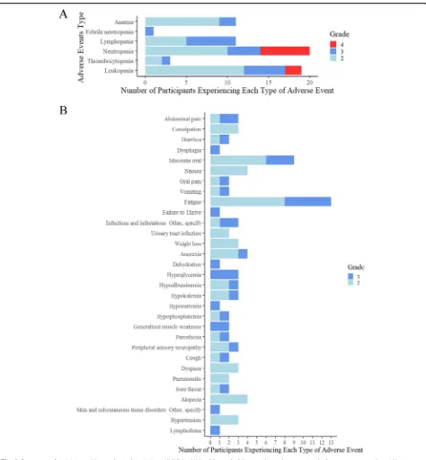 Fig. 2 Summary of toxicities. a Hematological toxicities: 12/27 (44%) had ≥ grade 3 hematological toxicity, including neutropenia (n = 10),lymphopenia (n = 6), and leukopenia (n = 7)