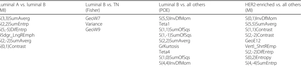 Table 2 Results of group-wise radiomic feature-based cancer classifications for hormone receptor status (training dataset)