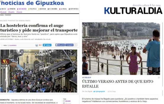 Figure 8. Confrontation of discourses in the press. Note: On the left, the front page is surprising in its  positive take on the picture of the street, with the headline “The hospitality scene confirms the tourist  boom and asks for better transport” and c