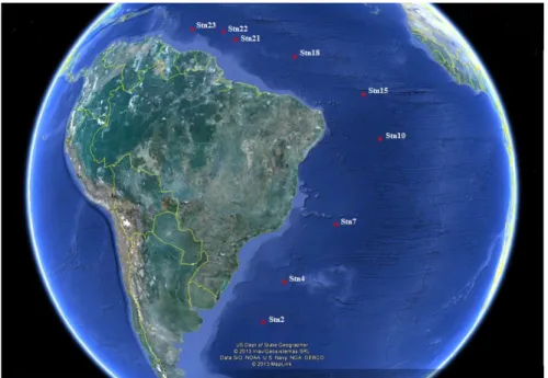 Figure 1 – Map of stations sampled during 2013 cruise KN210-04 to the South and Equatorial Atlantic