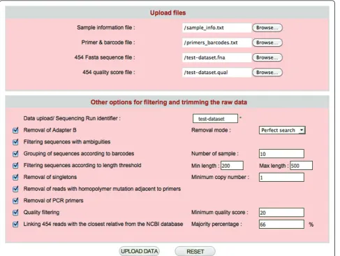 Figure 2 The 454 sequence trimming and filtering interface. Interface for trimming and quality filtering of new sequences to be added tothe database.