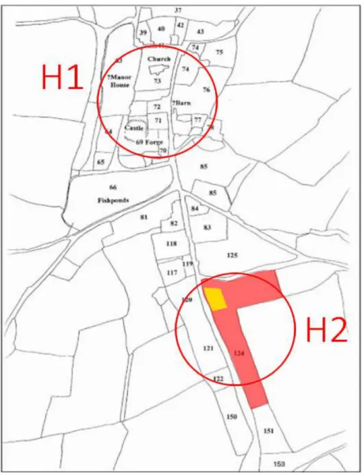 Figure  1.2  –  Overview  of  current  Trellech,  showing  the  alleged  location  of  medieval  Trellech’s centre, in hypothesis 1 and 2 (H1 and H2), respectively (after Clarke 2006, 53).