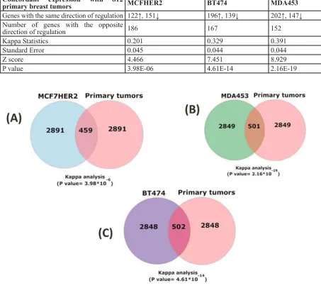 Table 2: Statistical evaluation of comparative gene expression. The 3350 transcripts with the most significant changes in cell lines (p < 0.05) were compared to all transcripts (p < 0.05) in the five cancer data sets