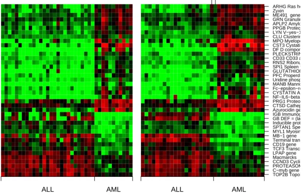 Figure 2.6: Heat maps of the Leukaemia data in Section 2.7.2.1. The left panel is for the training set and the right panel is for the testing set