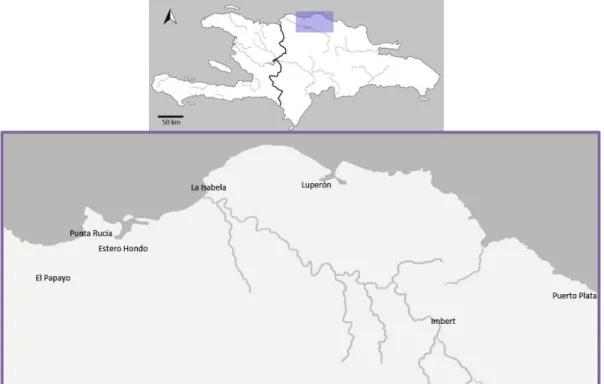 Figure  1.  Above  a  map  of  Hispaniola  with  the  research  area  highlighted,  and  an  enlargement  of   the  highlighted area with the location of villages below.