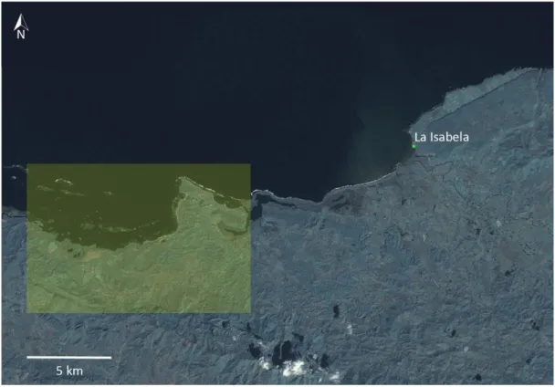 Figure  3.  Adapted  Landsat7  Imagery  with  the  location  of  La  Isabela  and  the  research  area  highlighted