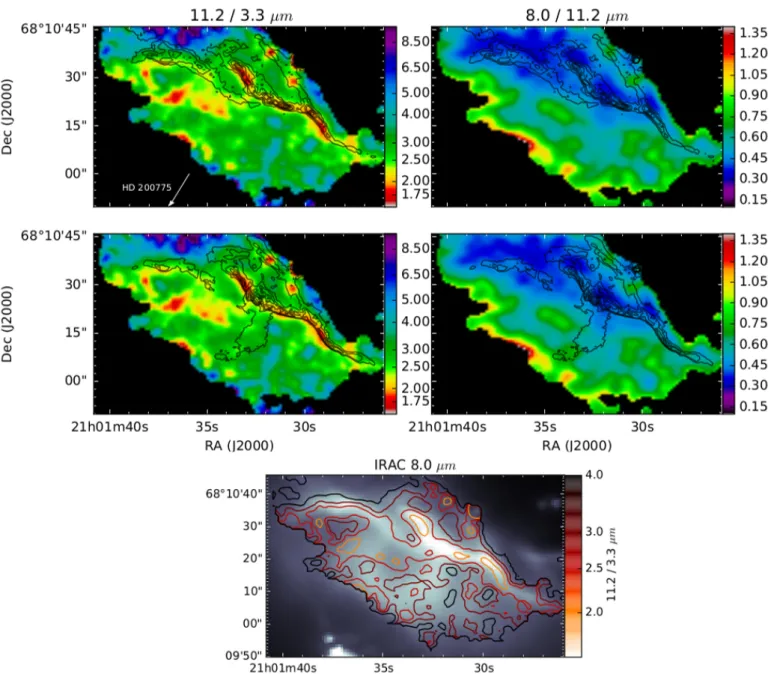 Fig. 2. PAH ratio maps of NGC 7023 NW PDR. The colors correspond to the 11.2/3.3 µm emission ratio on the left (PAH size tracer) and to the 8.0/11.2 µm ratio on the right (PAH ionization indication)
