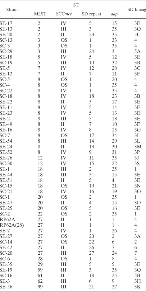 TABLE 2. MLST, SCCmec, SD repeat, and aap typing STs foreach isolate in this investigation