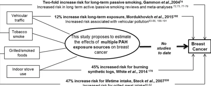 Figure 1.2. The relationship between multiple PAH exposure sources and breast cancer  risk as investigated by the Long Island Breast Cancer Study Project (LIBCSP) and other  research groups
