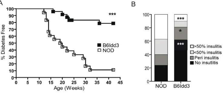 Figure 2.1 NOD.B6Idd3 female mice exhibit a reduced frequency of diabetes and  insulitis compared to NOD female mice