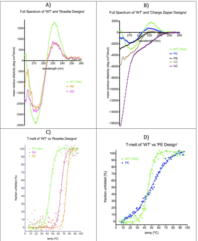 Figure 4. Circular dichroism spectra and thermal denaturation experiments of the Rosetta designs (panels A and C) and the charge zipper designs (panels B and D)