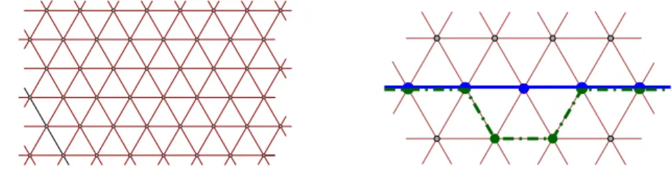 Figure 1 Left: triangular grid Γ. Right: choosing the parity of paths.