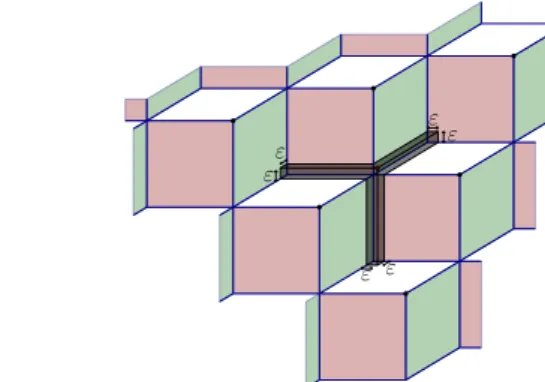 Figure 2 Left: the point set P m and the boxes box(p), with p ∈ P m . Right: the point q = p + ∆ ε