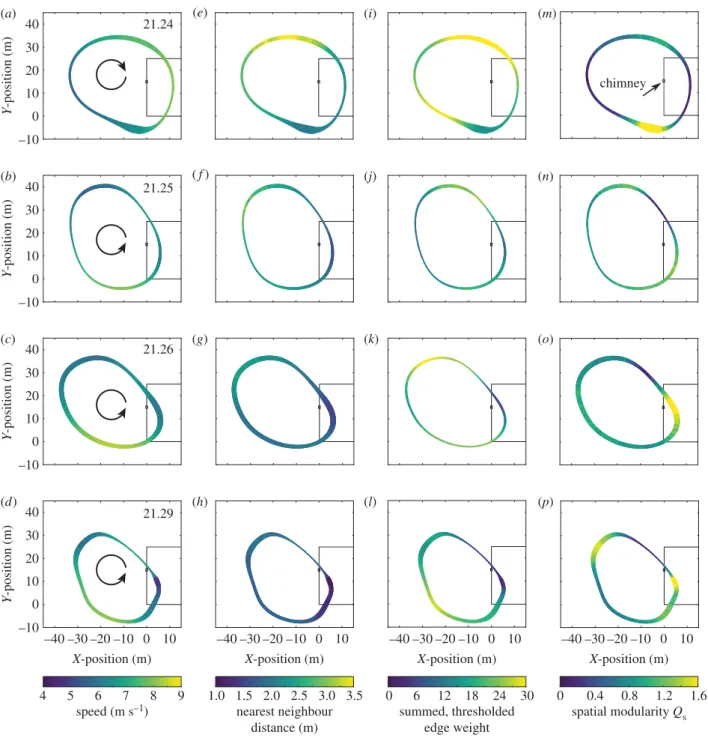 Figure 5. The flock properties change over time and space. Each panel shows the local average per-bird value of a flock property during a time slice, shown along the average flock path for that slice