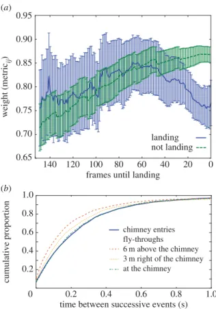 Figure 6. Properties of birds at landing. (a) Compares the network weights of pairs W ij of landing and non-landing birds through time