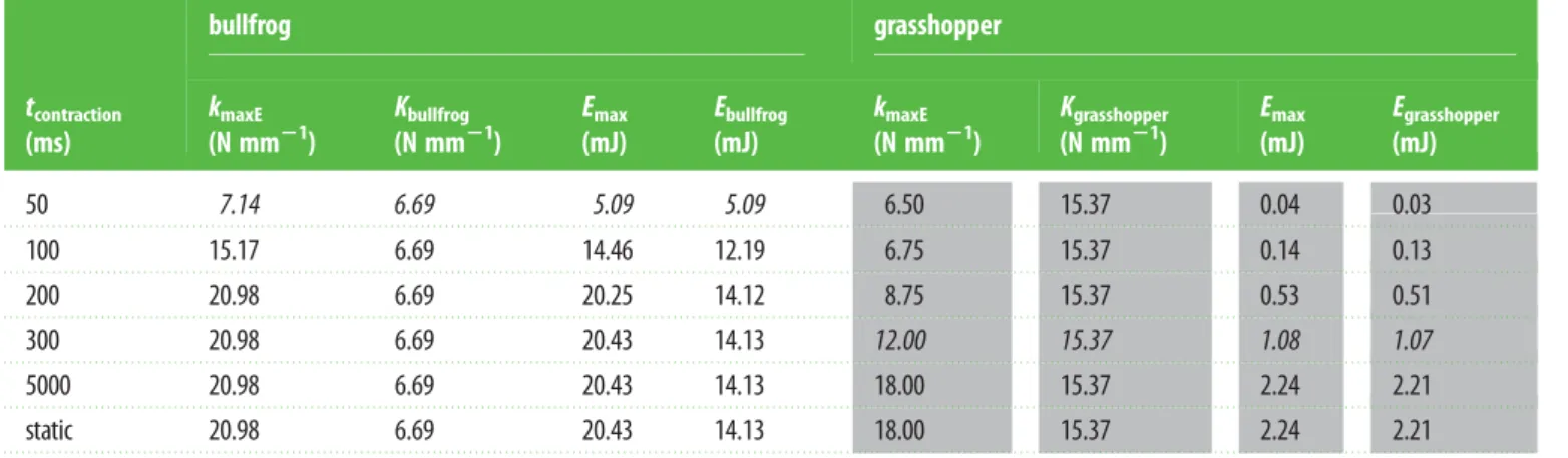 Table 2. As the duration of muscle contraction approaches biologically relevant durations (italicized values), k maxE approaches the measured spring stiffness (K bullfrog and K grasshopper )
