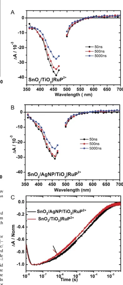 Fig. 4. (A) IPCE plots for FTOjSnO 2 /TiO 2 j–RuP 2+ /WOC and FTOjSnO 2 /AgNP/