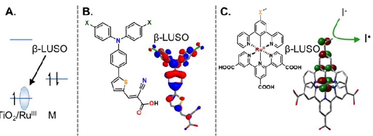 Figure  1.9.  A)  Schematic  showing  the  β-LUSO  for  an  oxidized  sensitizer  (S + )  at  the  TiO 2