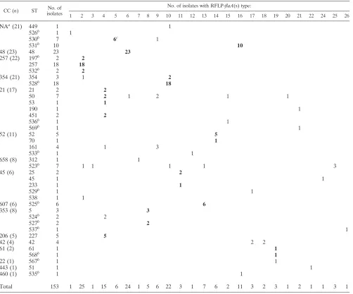 TABLE 2. Correlation of multilocus sequence typing clonal complexes with RFLP-ﬂaA(s) types