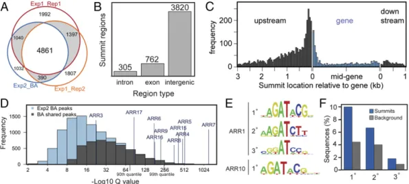 Fig. 2. Global analysis of ARR10 candidate-target sites as revealed by ChIP-seq. Transgenic lines ARR10-GFP a1 (Exp1) and a2 (Exp2) were treated for 30 min with 5 μM BA, and ARR10 binding sites were identified by ChIP-seq using MACS analysis
