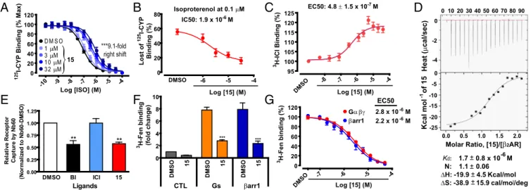 Fig. 2. Characterization of 15 for its binding to the β 2 AR. (A) Dose –response curves of isoproterenol (ISO) competition binding to the β 2 AR reconstituted in nanodiscs with 125 I-CYP were obtained in the presence of various concentrations of 15 as indi