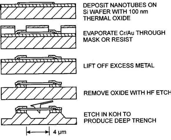 Figure 4.2: Schematic illustration of the fabrication processes of suspended CNT NEMS [9].