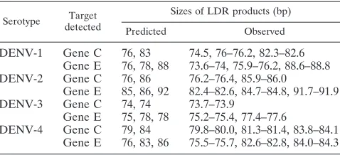 FIG. 2. Reconstructed CE images of representative DENV isolates. Ligation products were labeled with FAM, separated by CE on a 3730DNA analyzer, and sized using a LIZ-labeled internal standard
