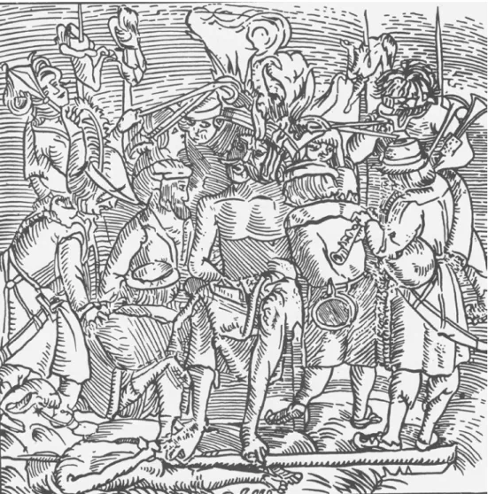 Fig. 2. the execution of dózsa on the front page of stephanus taurinus, Stauromachia (Vindo- (Vindo-bonae, 1519), With the permission of the national széchényi library (budapest), régi 