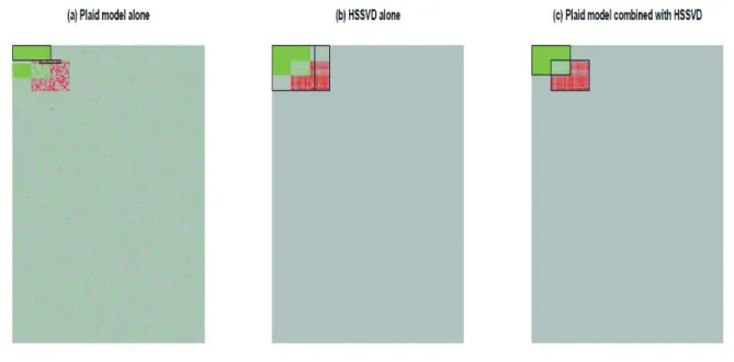 Figure 2.6: The image of raw data for Example 1. There are ve biclusters. Red is for positive values and green is for negative values.