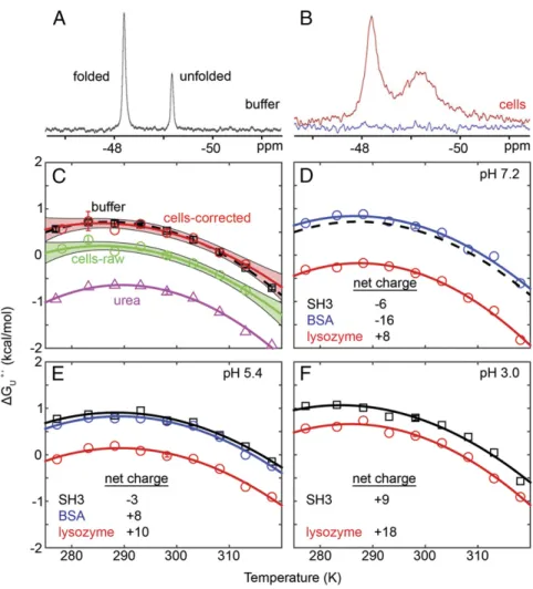 Fig. 1. Fluorine spectra acquired at 298 K, in buffer (A) and cells (B). The blue trace is from the postexperiment supernatant and shows that the red spectrum arises from protein inside cells