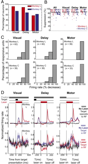 Fig. 4. Nearly universal inactivation of FEF neurons during the memory-guide saccade task dramatically increases error rates to targets in the inhibited  re-ceptive field
