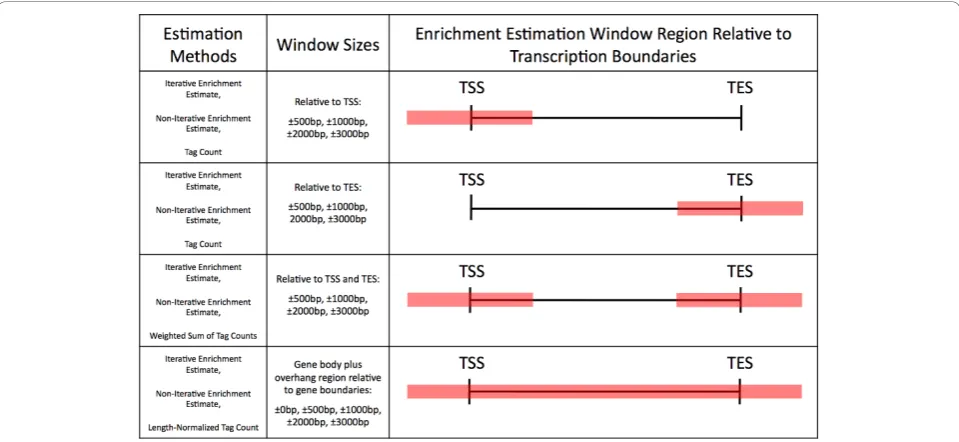 Figure 1 Illustration of enrichment estimation methods. Summary of the methods used to make single-value estimates of gene-wise ChIP-seq enrichment