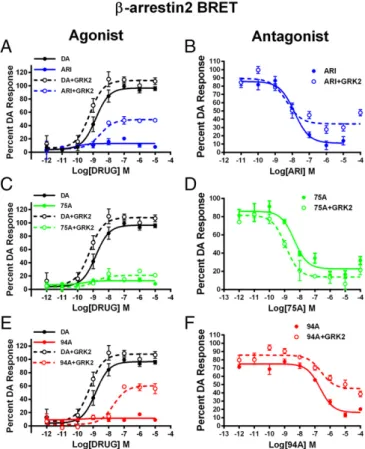 Fig. 1. Effects of GRK2 overexpression on the agonist or antagonist profile of D2R ligands in HEK293 cells