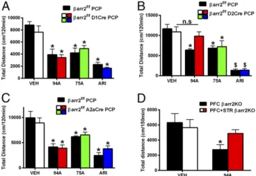 Fig. 6. UNC9994A loses antipsychotic-like activity to PCP in D2R + but not A2aR + neuron-specific βarr2KO mice