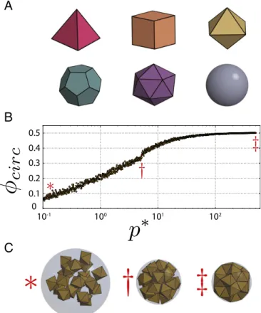 Fig. 1 summarizes our simulation method. Fig. 1A displays the shapes studied, Fig. 1B shows a sample trajectory of cluster formation via our compression scheme, and Fig