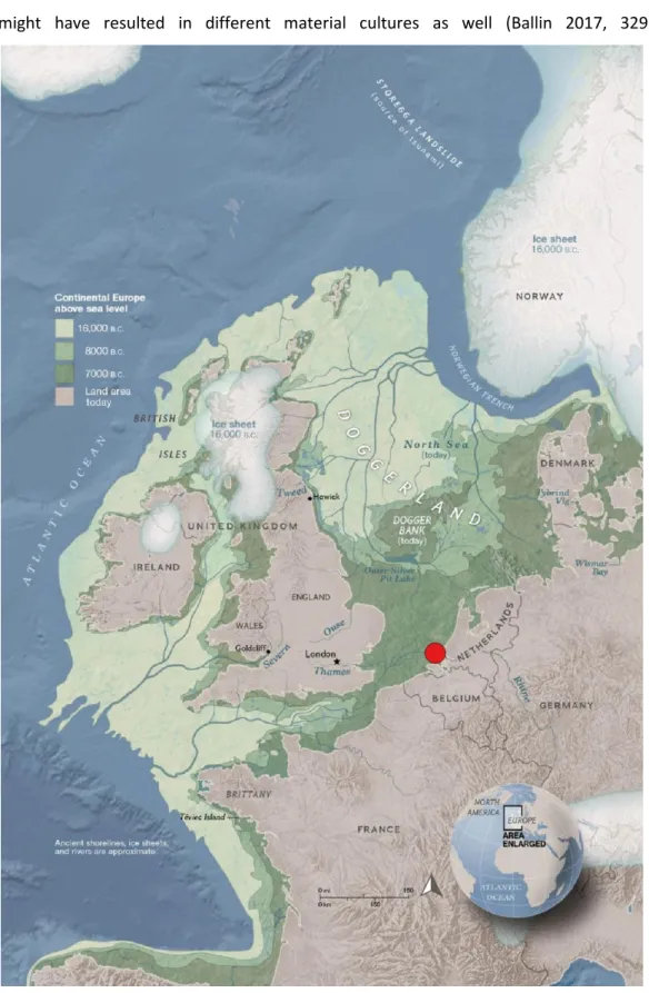 Figure  8:  Doggerland  Reconstruction  with  the  red  dot  marking  the  find  location  of  the  points  from  this  research