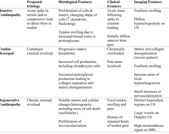 Table 2.1. Characteristics of stages of tendon pathology described in the continuum model from  Cook et al (2009)